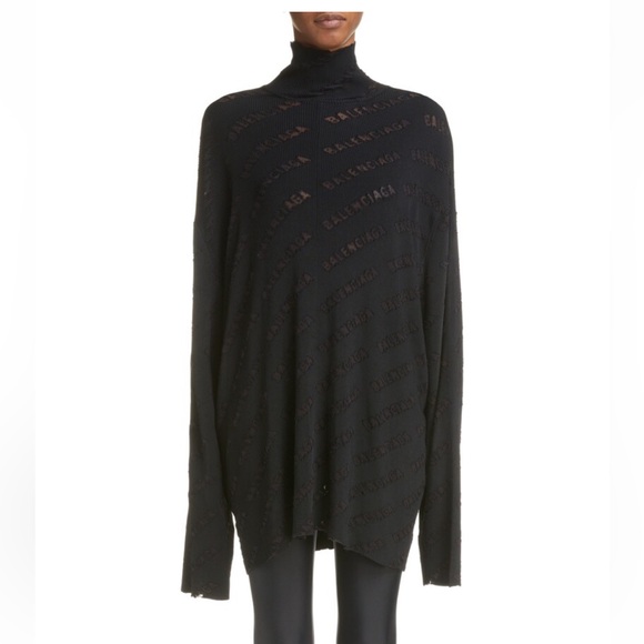 Balenciaga Unisex Oversized Logo Perforated all over turtleneck sweater black L - Picture 1 of 16